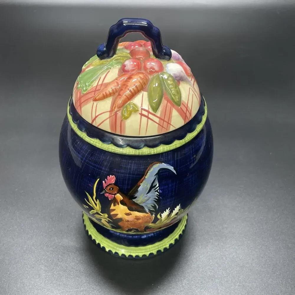 Tracy Porter Rooster Cookie Jar Stonehouse Farm Collection 10” Sm Canister Blue